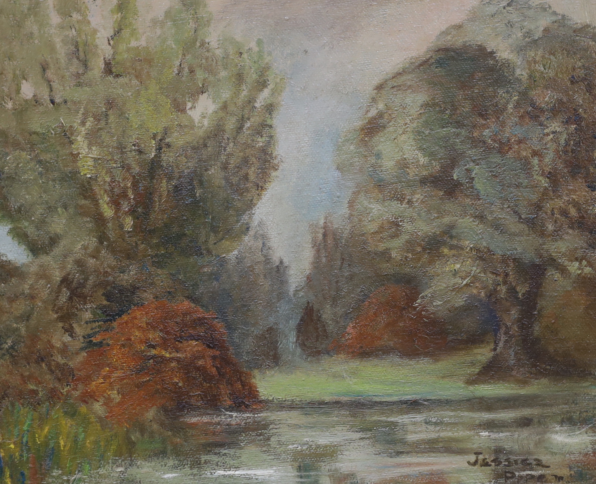 Jessica Piper, oil on canvas board, Lakeside landscape, signed, together with a pair of oils on canvas, Coastal landscapes, largest 24 x 30cm